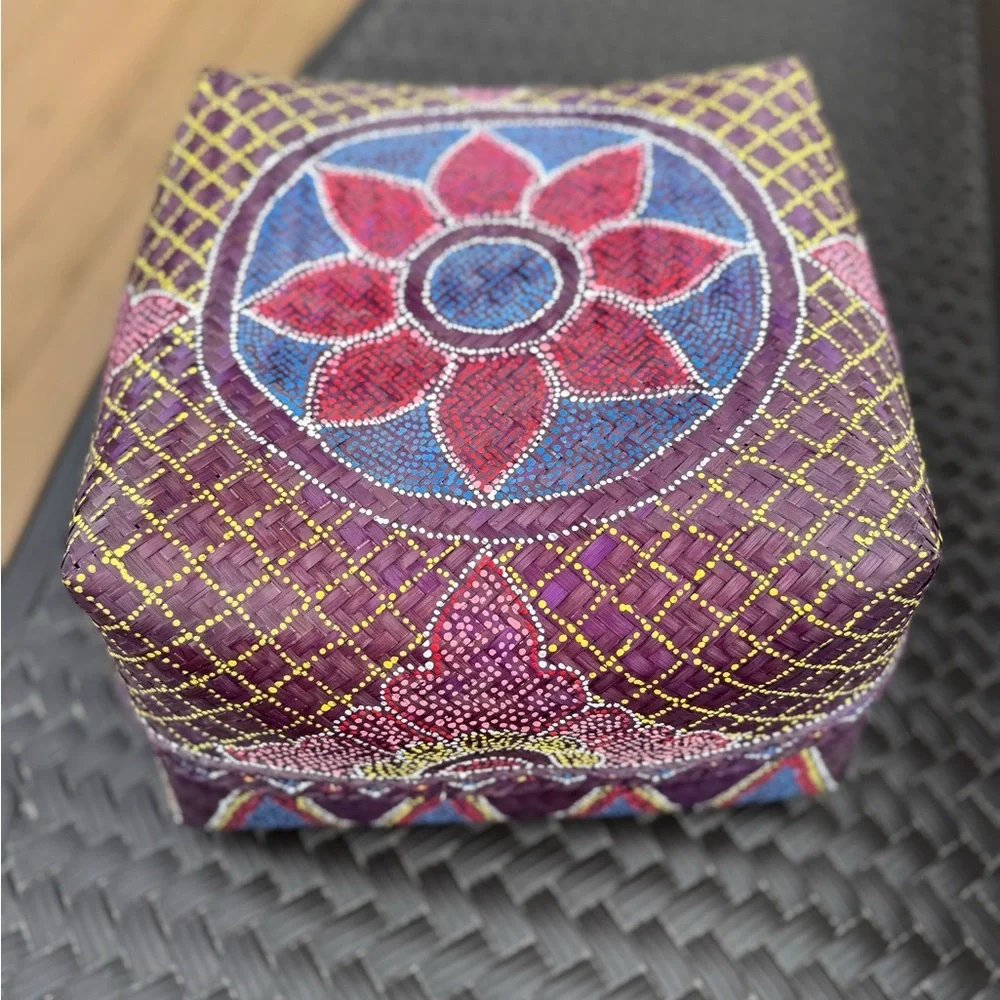 Colorful Patterned Woven Basket Lightweight Purple with Flower Decoration